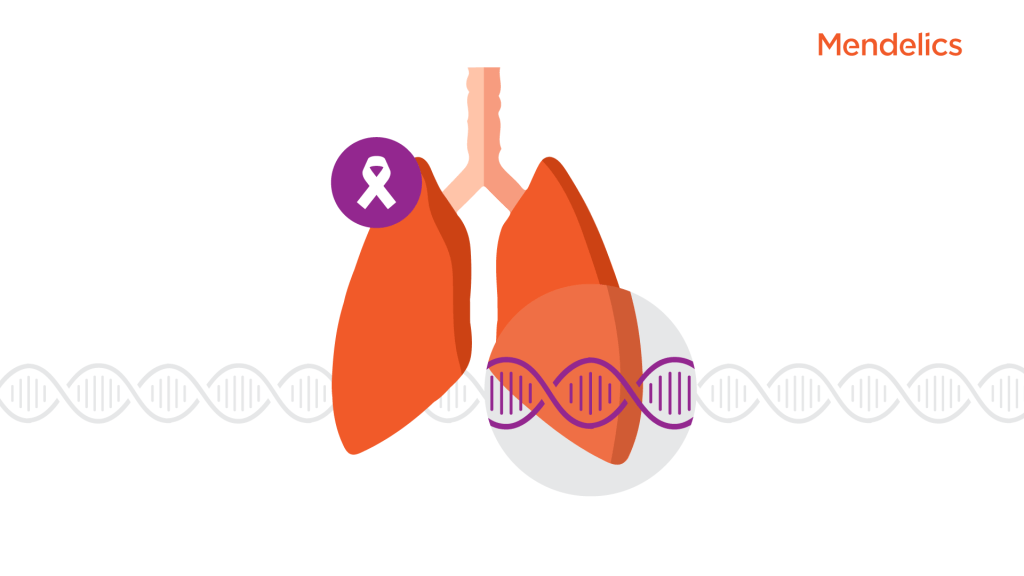 Imagem de um pulmão, uma fita de DNA e um laço roxo, símbolo da causa da Firbose Cística