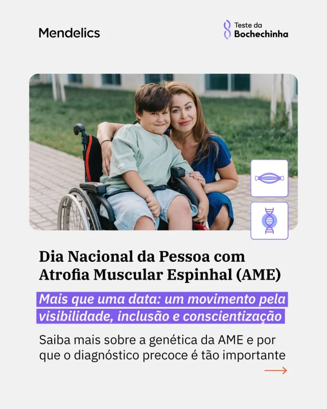 No Dia Nacional da Pessoa com Atrofia Muscular Espinhal (AME), reforçamos a importância dessa data e aproveitamos para compartilhar como os testes genéticos podem auxiliar na identificação precoce dessa doença. Quanto mais pessoas conhecerem, mais cedo o diagnóstico pode acontecer. Saiba mais no nosso post!

#AtrofiaMuscularEspinhal #AME #Genética #DoençasRaras