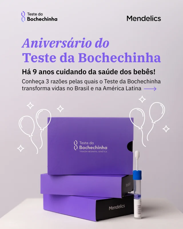 No mês em que o Teste da Bochechinha celebra 9 anos de história, olhamos para trás com orgulho de cada vida que ajudamos a proteger.
A Mendelics revolucionou a triagem neonatal do Brasil em 2017, quando desenvolveu o primeiro teste de triagem neonatal genética, o Teste da Bochechinha. Esse teste analisa o DNA de bebês assintomáticos e investiga mais de 500 doenças genéticas raras e com tratamento disponível, podendo ser realizado no primeiro dia de vida. O exame possui coleta rápida, simples e indolor, que pode ser feita pelos próprios pais ou por um profissional da saúde. 

Celebre essa história que já transformou a vida de milhares de crianças. Teste da Bochechinha, há 9 anos cuidando da saúde dos bebês!

#TriagemGenética #TriagemNeonatal #Genética #CuidadoNeonatal